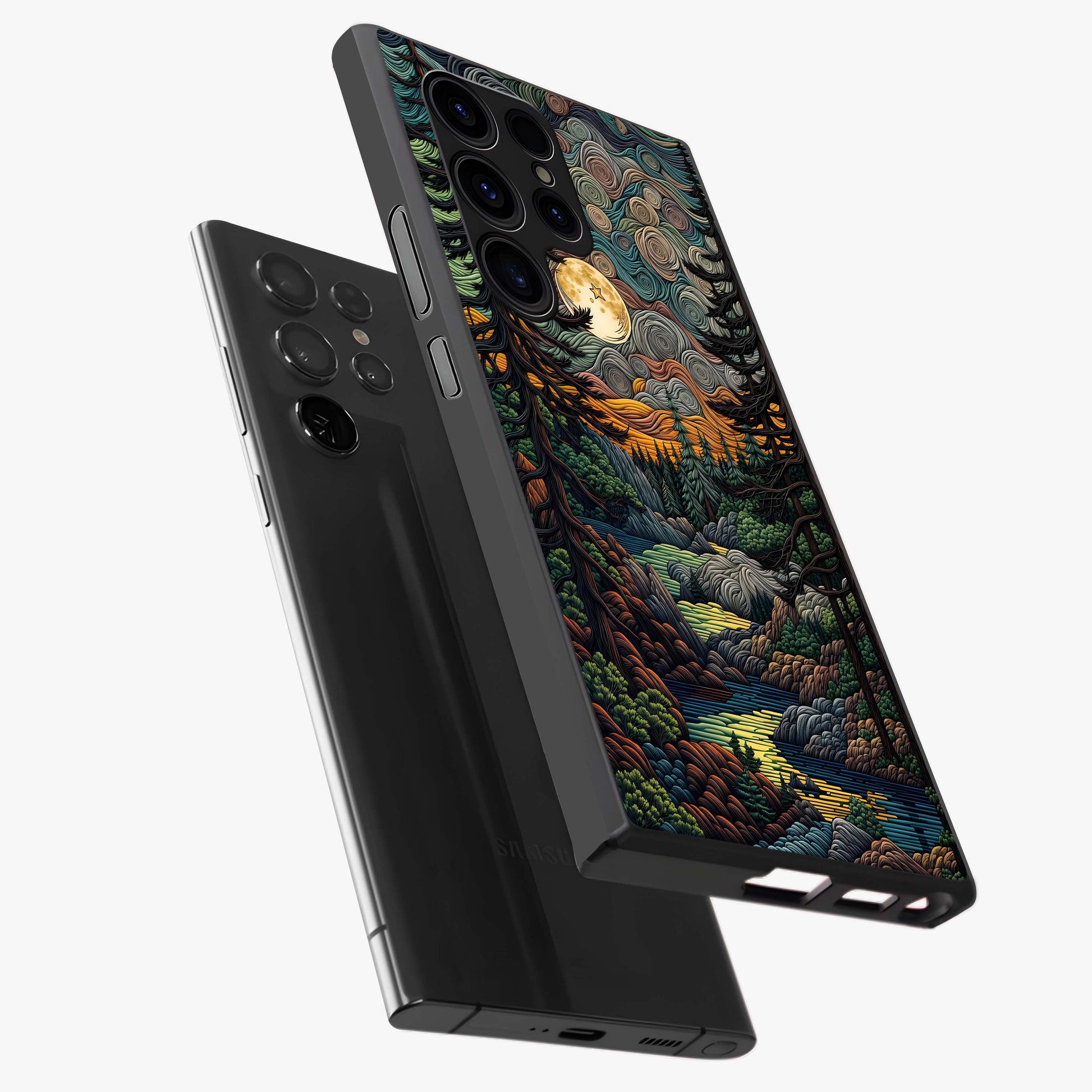 Moonlight Forest Dream Glass Case displayed in angled mockup highlighting dreamy forest design with glowing moon aesthetic.