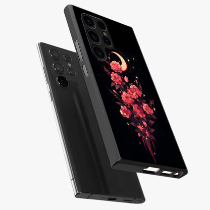 Moonlit Floral Elegance Glass Case displayed in angled mockup highlighting graceful flower design with soft moonlight aesthetic.