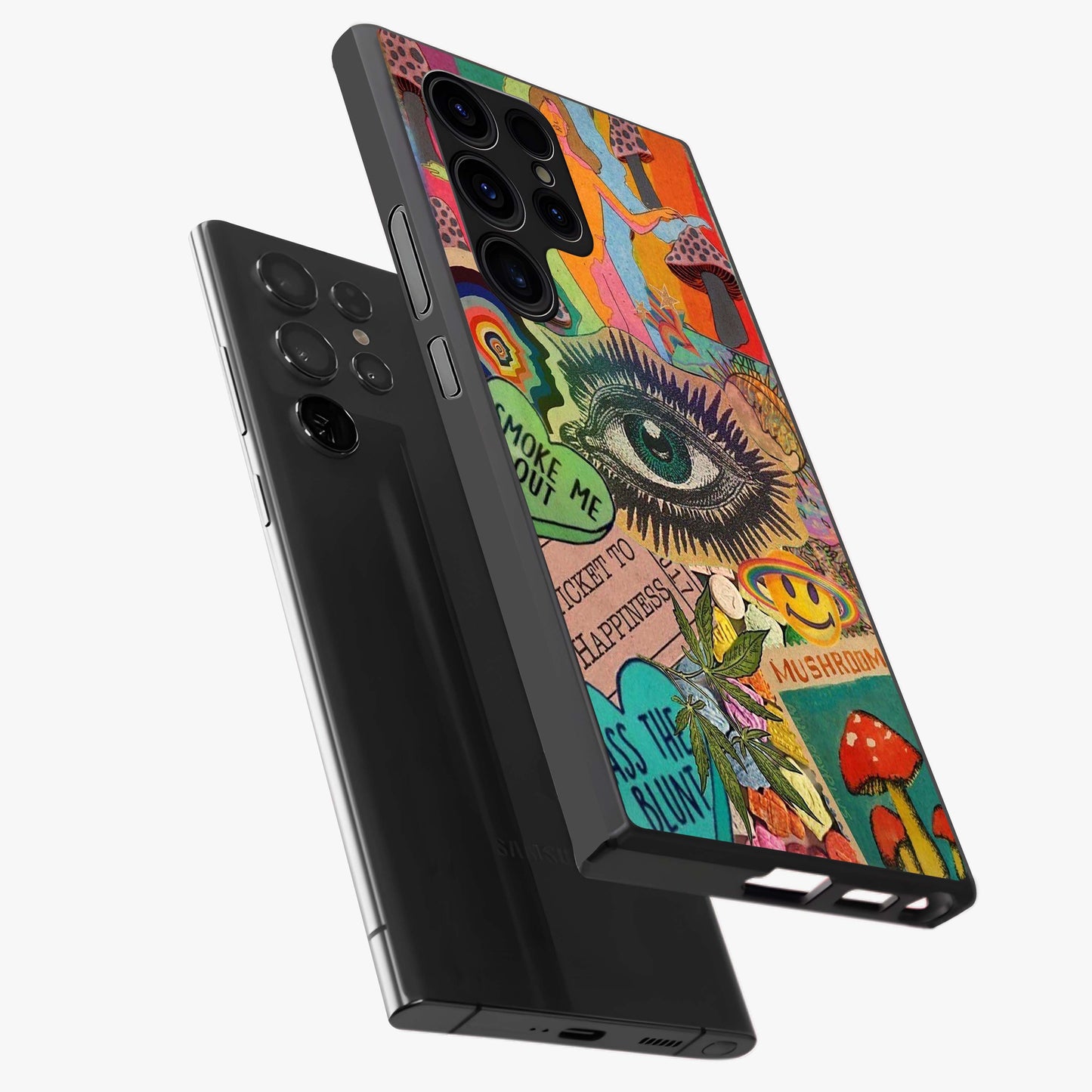 Mystic Eye Wonderland Glass Case displayed in angled mockup highlighting magical eye illustration with dreamy aesthetic.