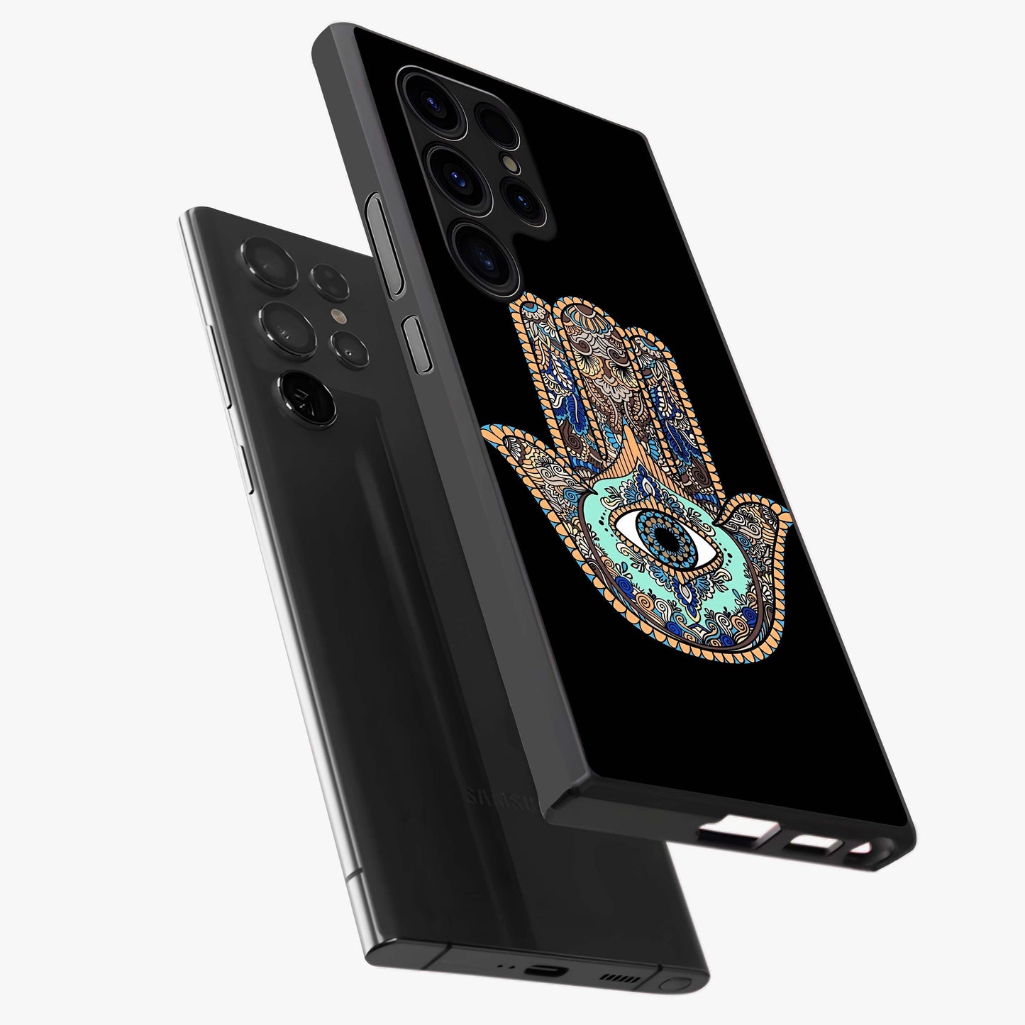 Mystic Hamsa Eye Glass Case displayed in angled mockup highlighting spiritual hamsa symbol with mystical aesthetic style.