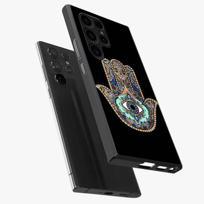 Mystic Hamsa Eye Glass Case displayed in angled mockup highlighting spiritual hamsa symbol with mystical aesthetic style.
