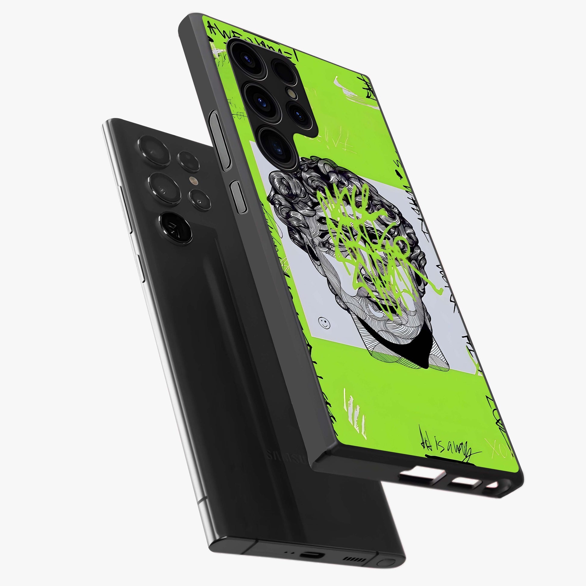 Neo Graffiti Rebellion Glass Case displayed in angled mockup highlighting urban street art design with rebellious aesthetic.