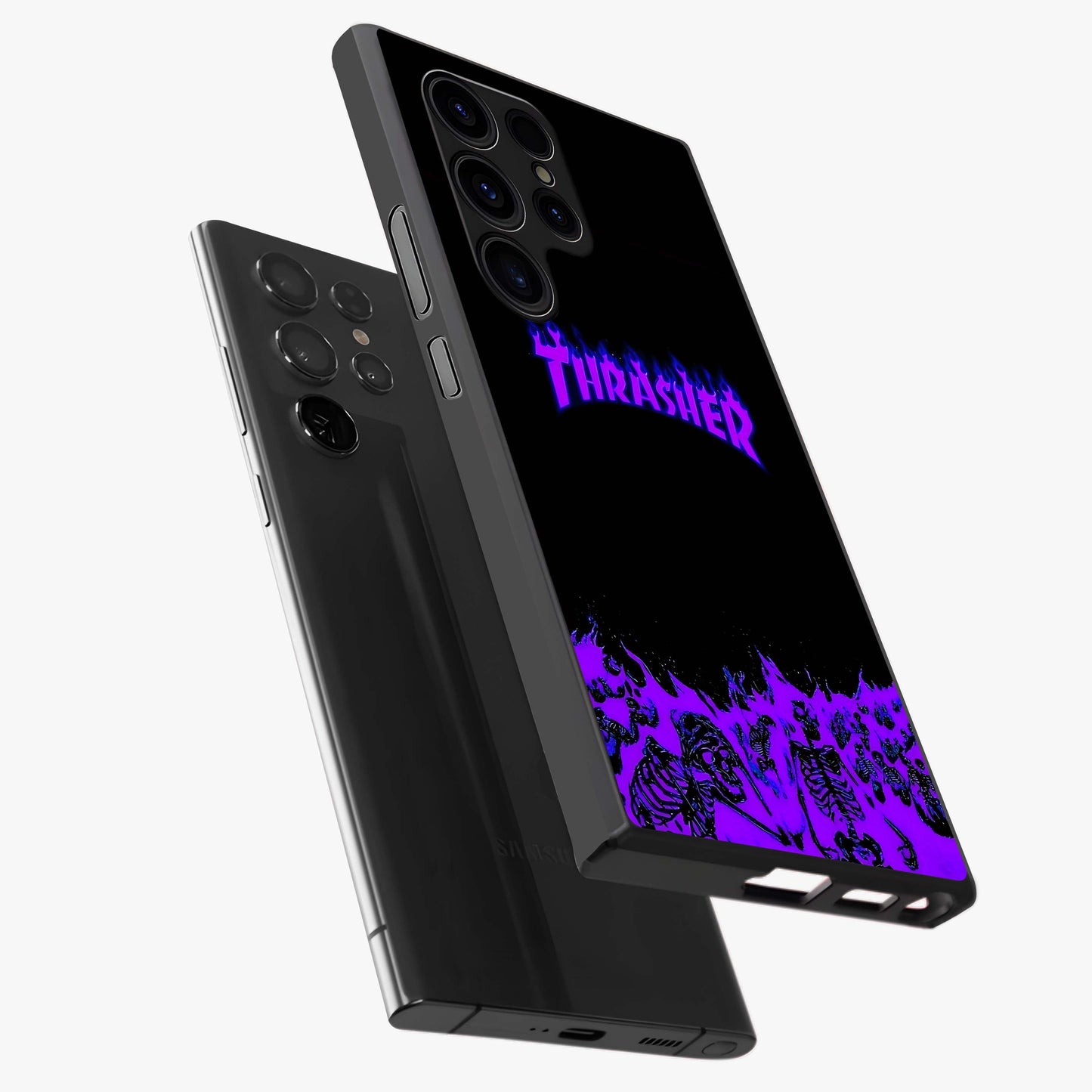 Neon Flame Riot Glass Case displayed in angled mockup highlighting glowing flame design with vibrant neon aesthetic.