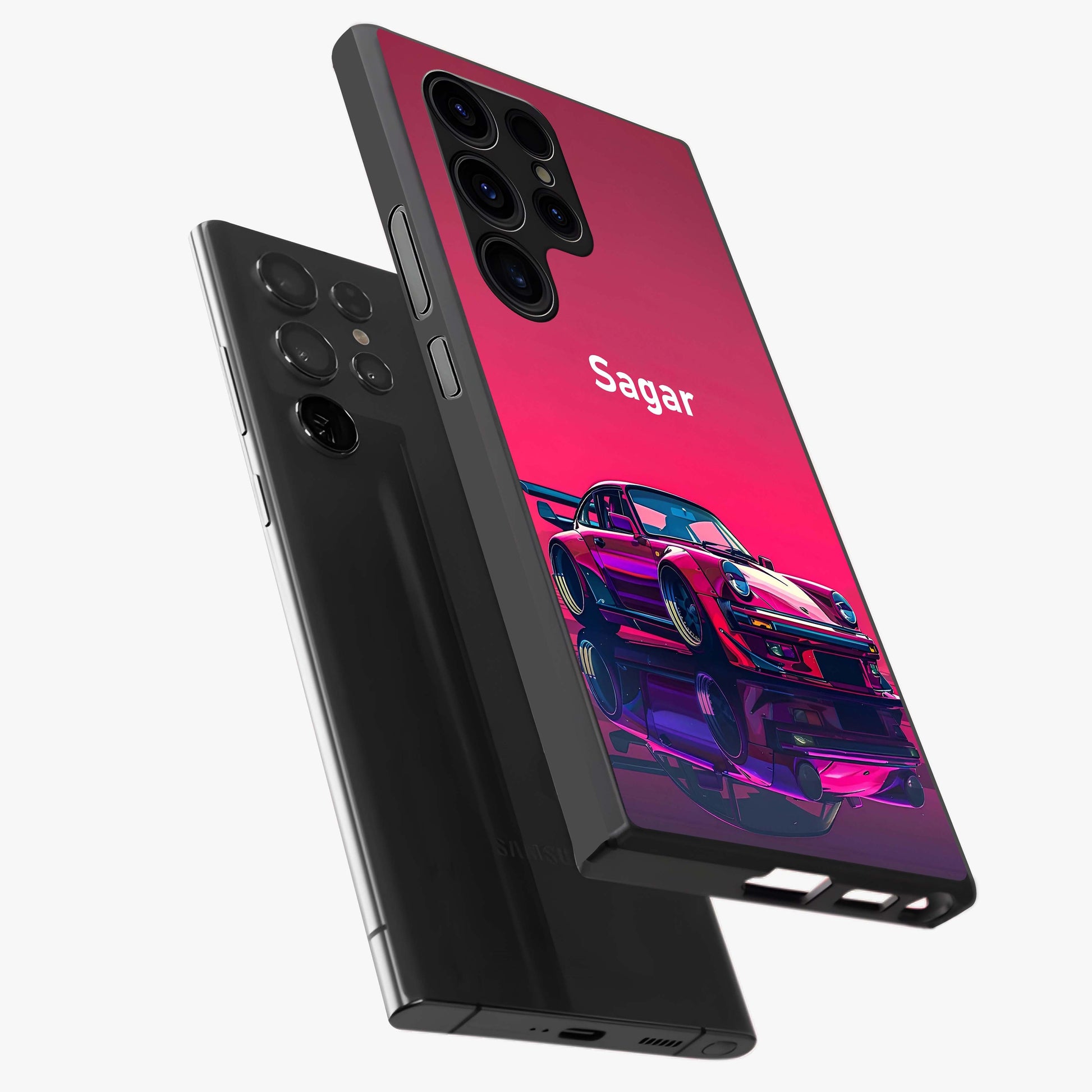 Neon Pink Porsche Glass Case displayed in angled mockup highlighting sleek neon pink car design with racing aesthetic.