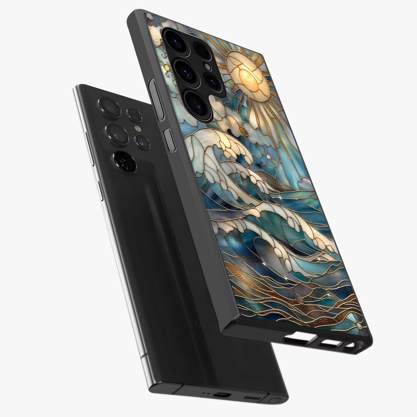 Oceanic Stained Printed Glass Case displayed in angled mockup highlighting colorful aquatic design with artistic aesthetic style.