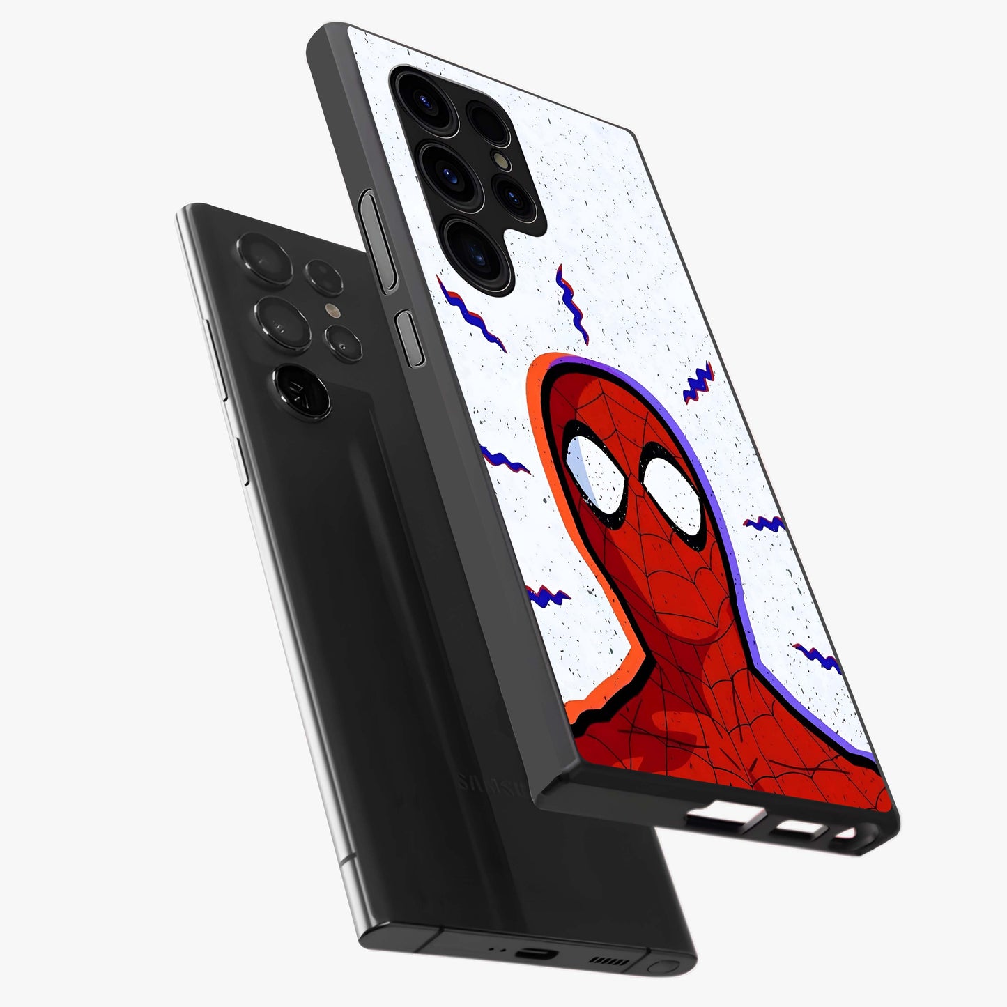 Omg Spiderman Glass Case displayed in angled mockup highlighting dynamic hero illustration with action comic aesthetic.