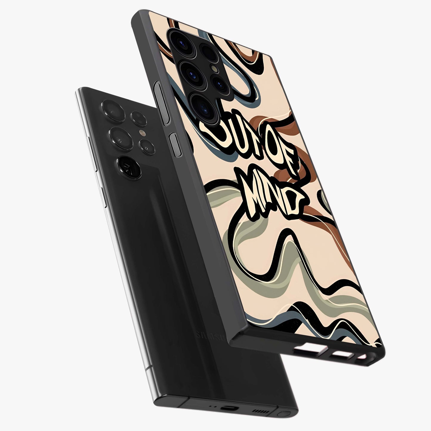 Out Of Mind Glass Case displayed in angled mockup highlighting bold statement design with modern artistic aesthetic.