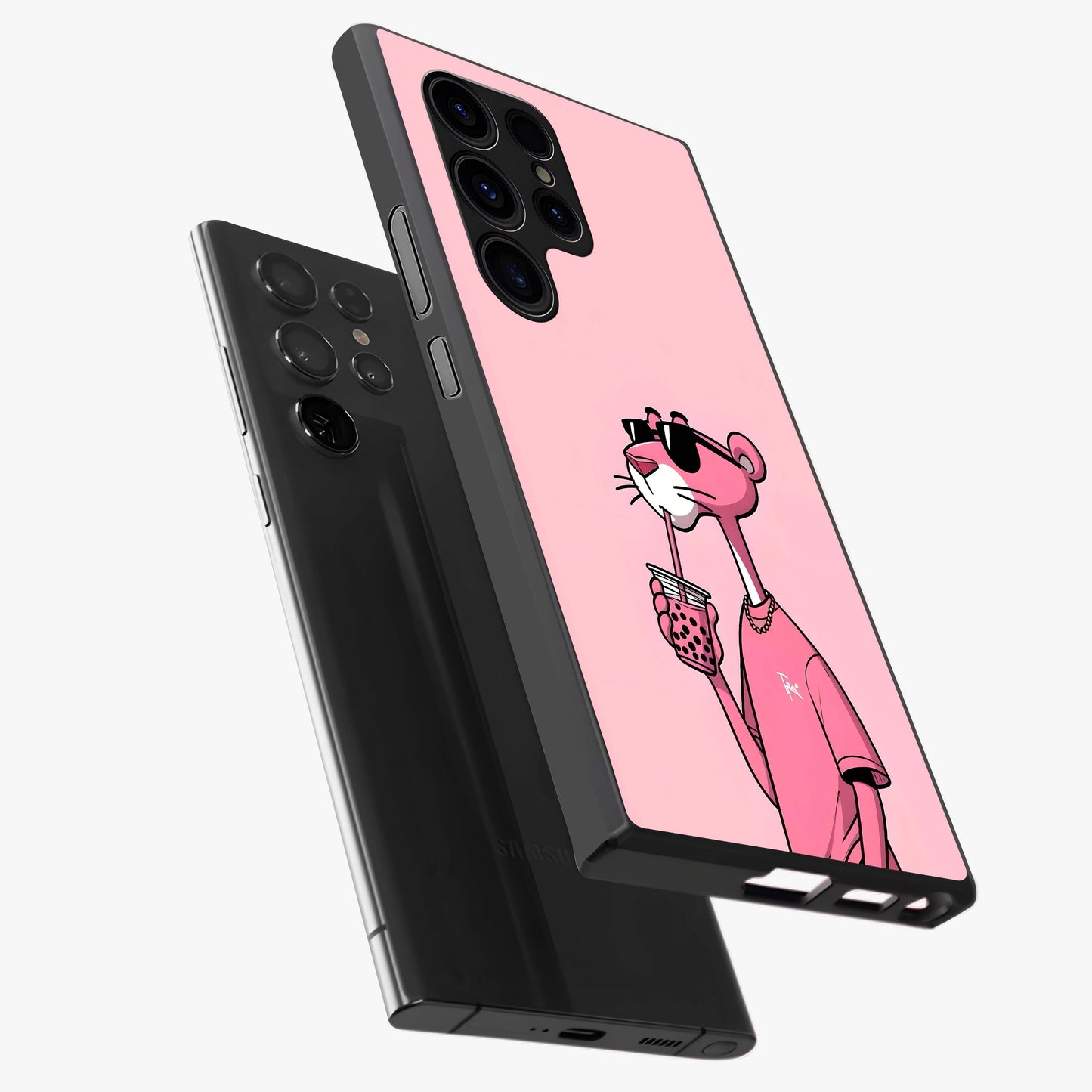 Pink Panther Glass Case displayed in angled mockup highlighting playful cartoon character design with vibrant pink aesthetic.
