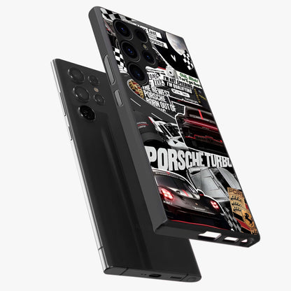 Porsche Racing Collage Glass Case displayed in angled mockup highlighting dynamic automotive design with bold racing aesthetic.