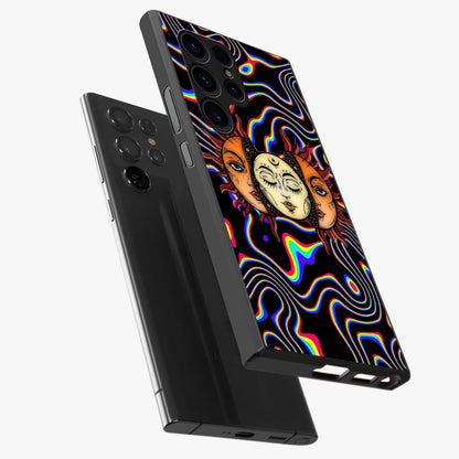 Psychedelic Sun Glass Case displayed in angled mockup highlighting vibrant abstract sun design with artistic aesthetic style.