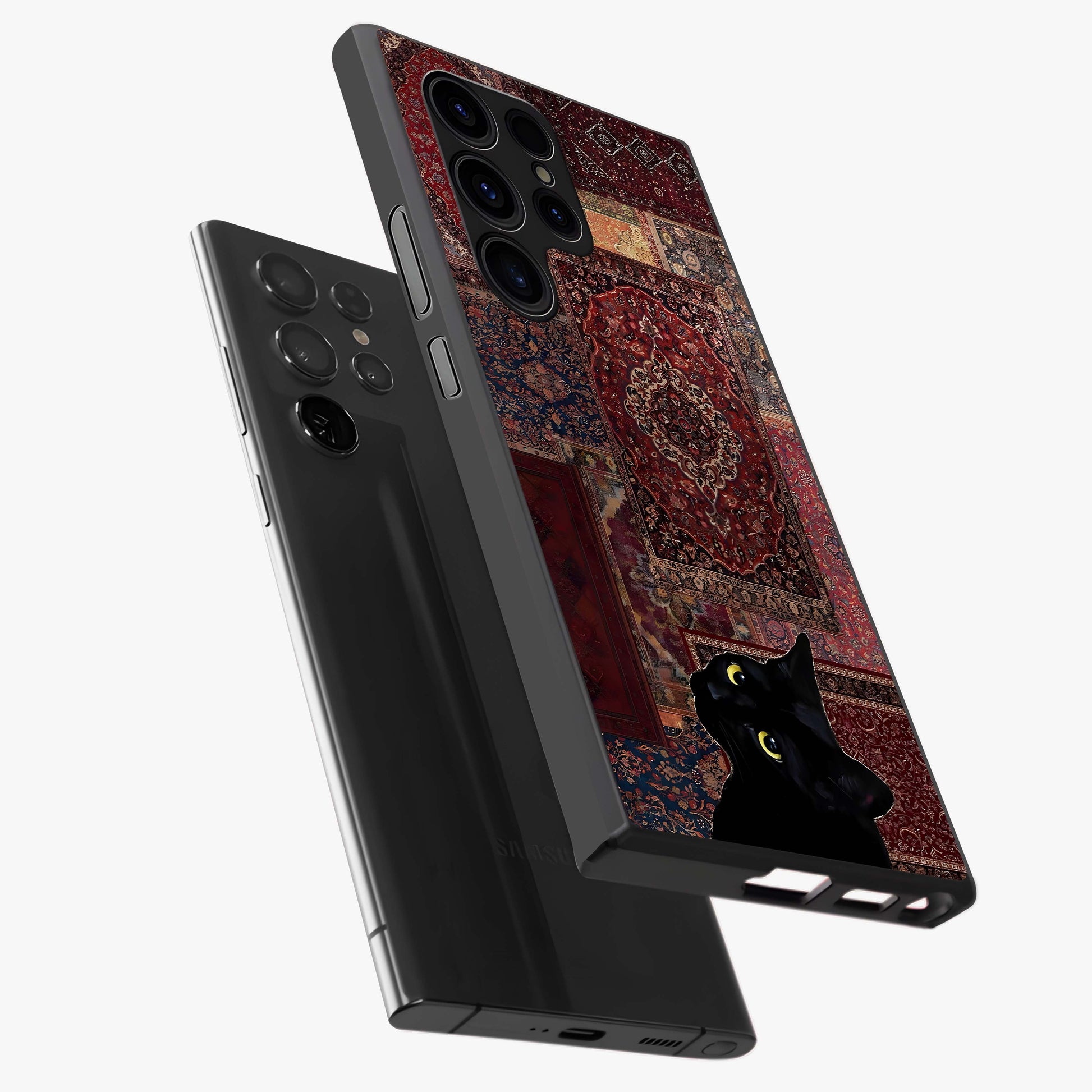 Regal Magic Cat Apple Glass Case displayed in angled mockup highlighting whimsical feline design with fantasy aesthetic.