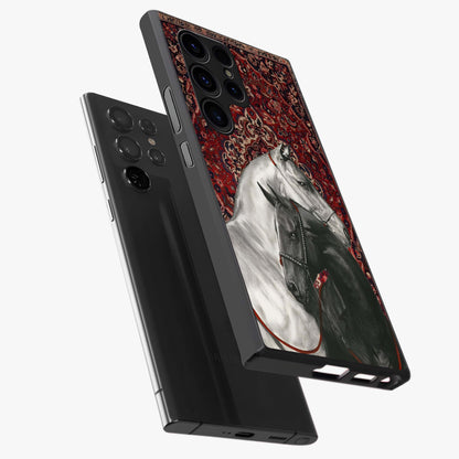 Regal Stallion Tapestry Glass Case displayed in angled mockup highlighting royal stallion design with decorative heritage aesthetic.