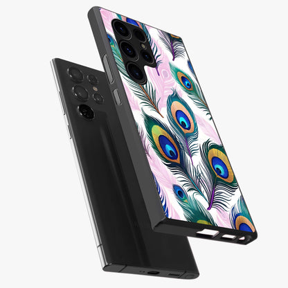 Royal Peacock Feathers Glass Case displayed in angled mockup highlighting vibrant feather pattern with regal aesthetic style.