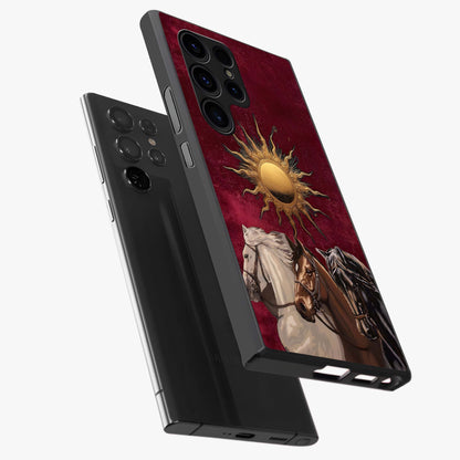Solar Riders Glass Case displayed in angled mockup highlighting powerful rider illustration with radiant solar aesthetic.