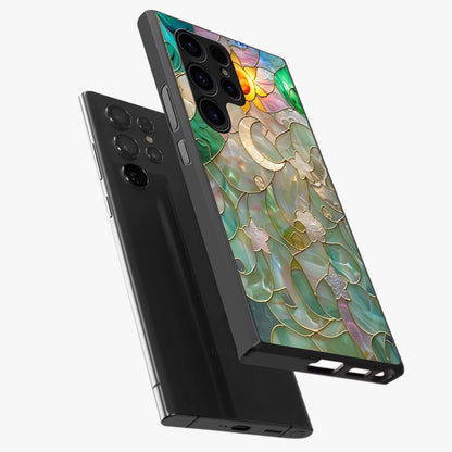 Stained Sunrise Glow Glass Case displayed in angled mockup highlighting radiant sunrise design with artistic aesthetic style.