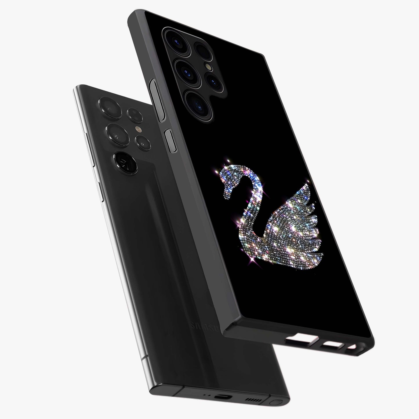 Starlit Swan Grace Glass Case displayed in angled mockup highlighting elegant swan illustration with dreamy celestial aesthetic.