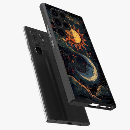 Sun And Moon Magic Design Glass Case displayed in angled mockup highlighting celestial design with magical cosmic aesthetic.