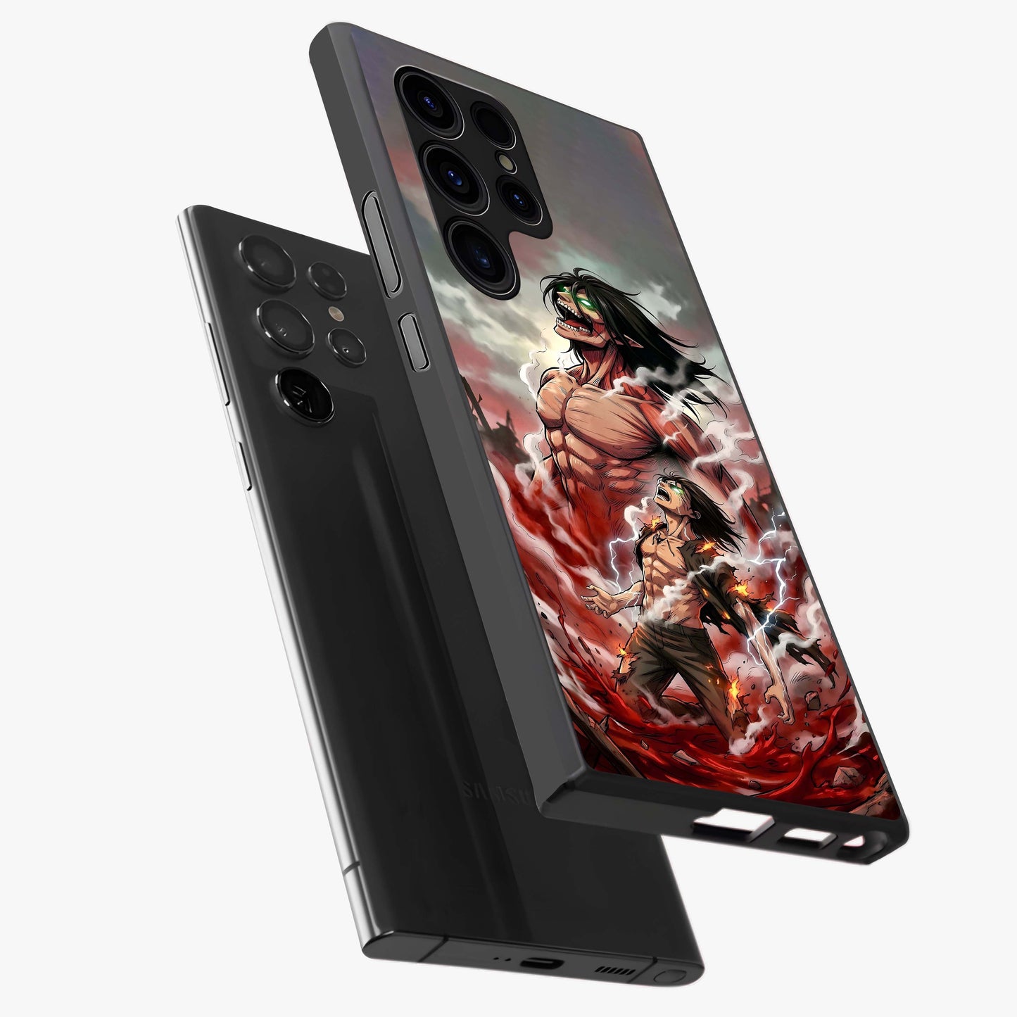 Titan Awakening Fury Glass Case displayed in angled mockup highlighting dramatic giant warrior design with bold anime aesthetic.