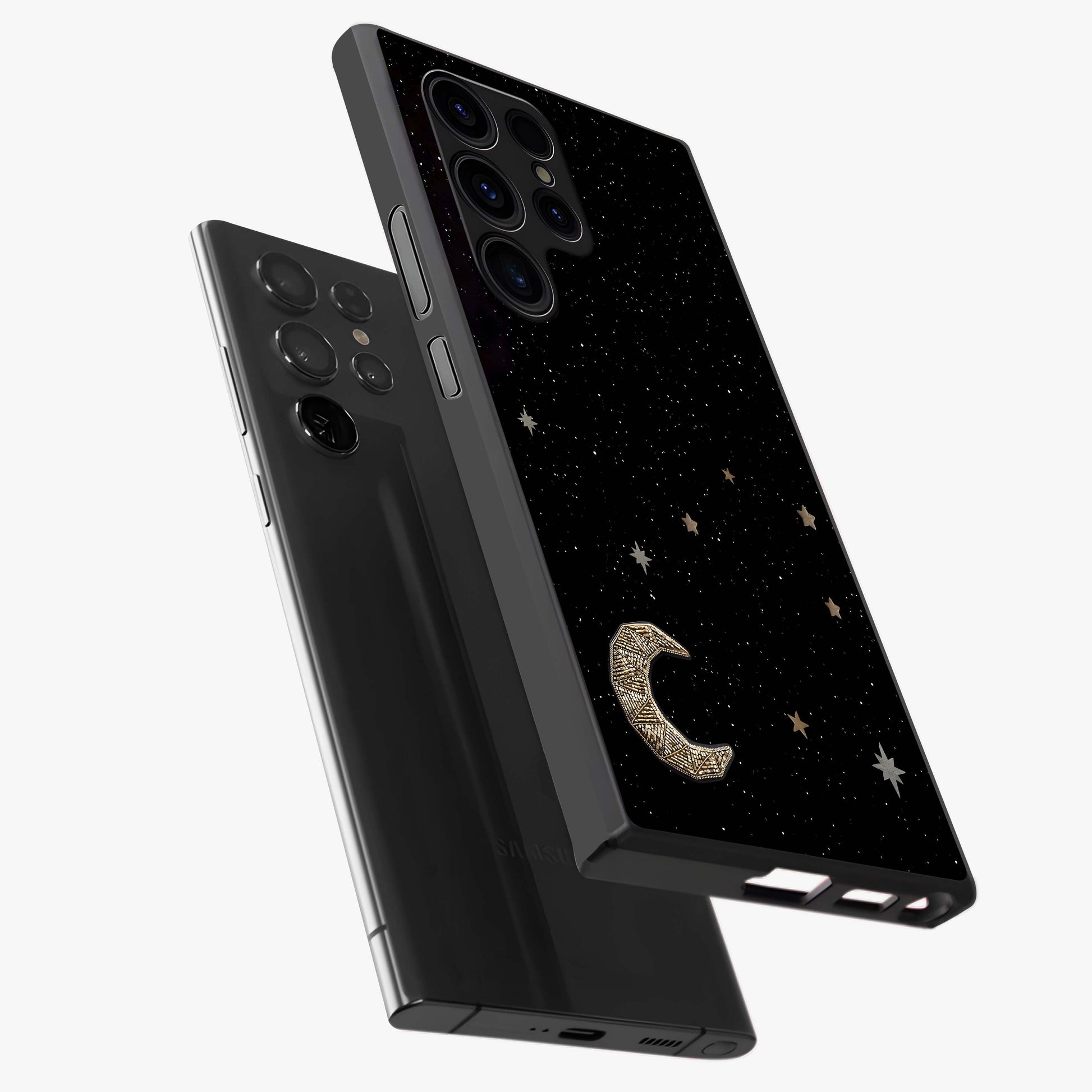 Twinkle Star With Half Moon Glass Case displayed in angled mockup highlighting celestial moon and star design with magical aesthetic.