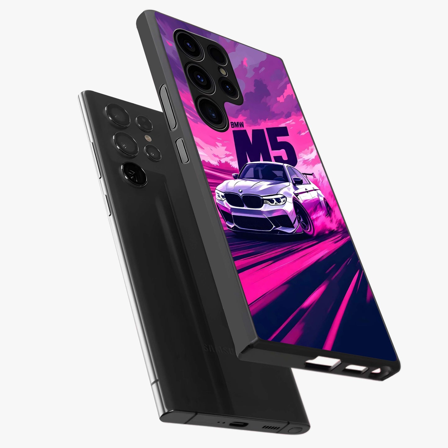 Velocity Drift Pulse Glass Case displayed in angled mockup highlighting dynamic drift design with sporty automotive aesthetic.