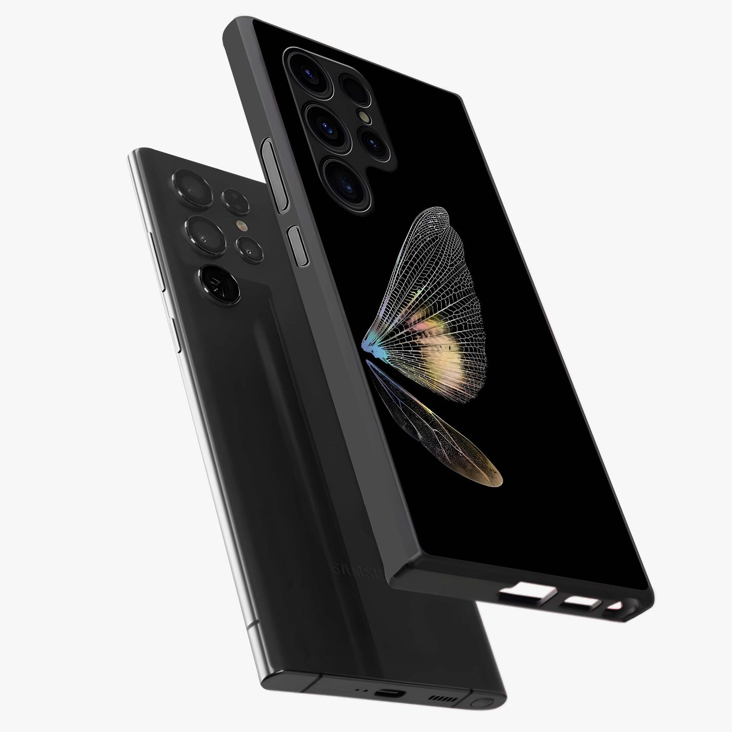 Whispers Of Wings Glass Case displayed in angled mockup highlighting soft feather design with celestial aesthetic style.