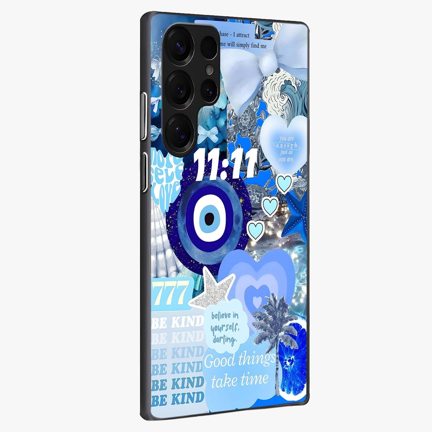 Aesthetic Be Kind Eye Glass Case upright view showcasing stylish eye illustration with positive message theme.