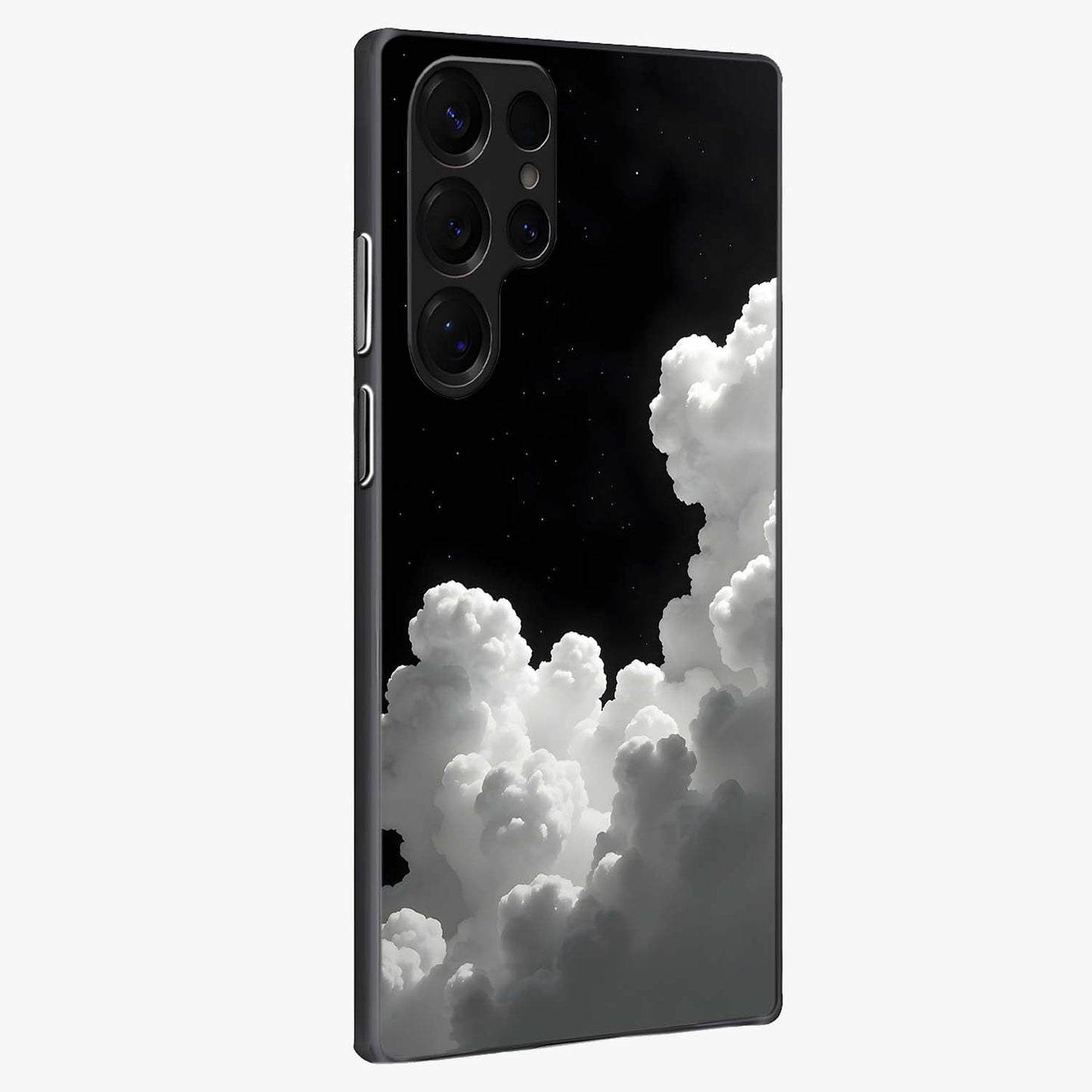 Black Background With White Cloud Glass Case upright view showcasing calm cloud aesthetic with modern minimal style.