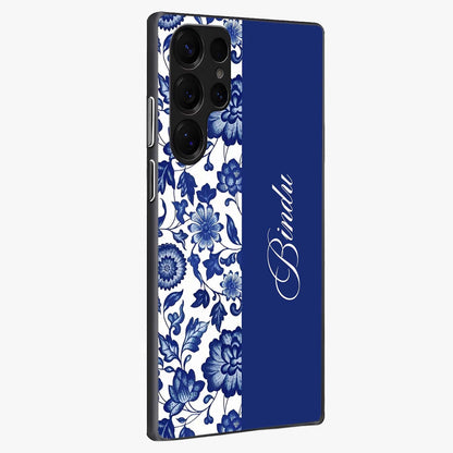 Blue Vintage Floral Pattern Glass Case upright view showcasing delicate blush floral texture with modern minimal style.