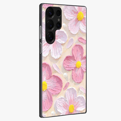 Blush Bloom Texture Glass Case upright view showcasing delicate blush floral texture with modern minimal style.