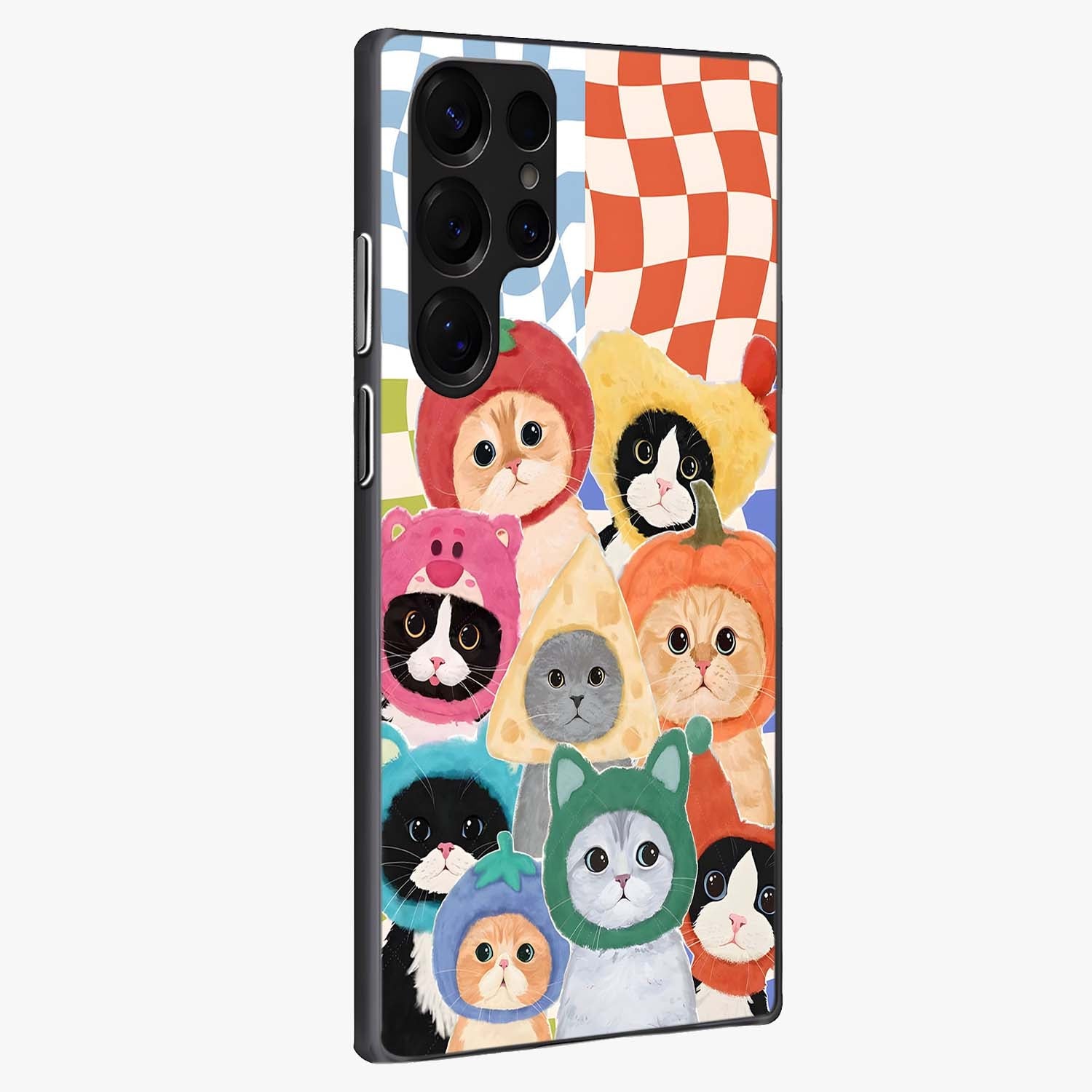Cats in Fruits Glass Case upright view showcasing charming cat artwork with fun fruity theme.