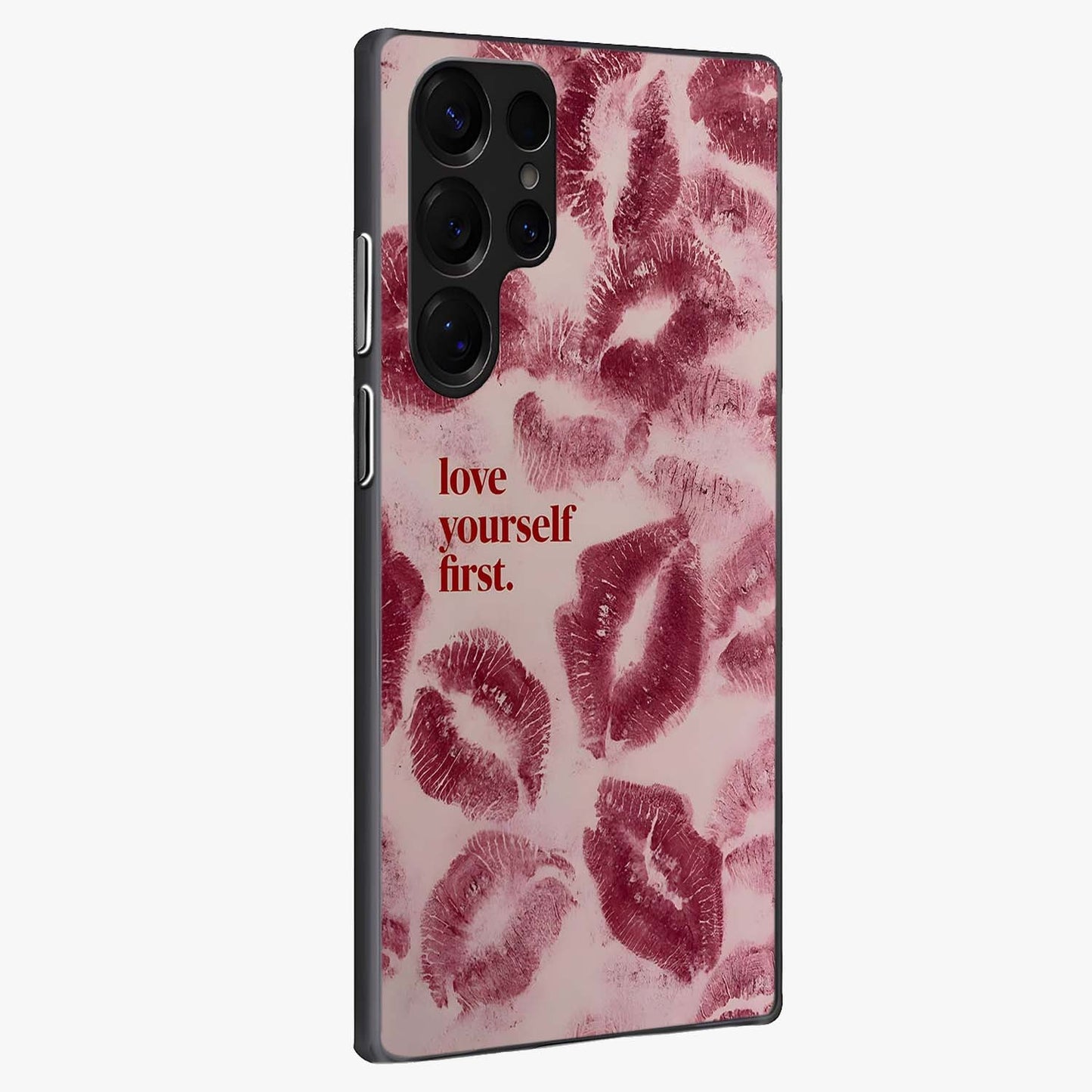 Crimson Kiss Love Glass Case upright view showcasing expressive romantic artwork with deep crimson theme.