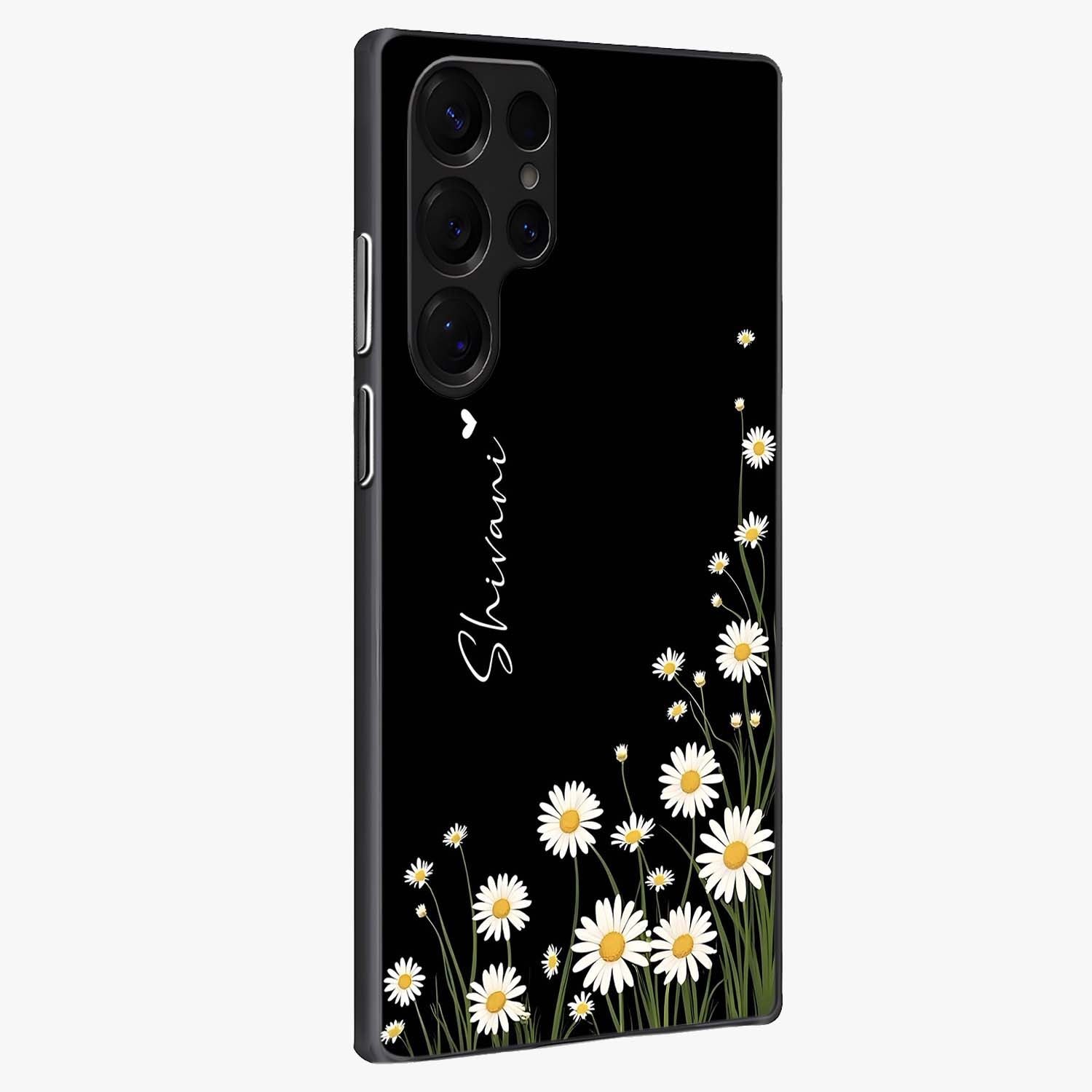 Daisy Cascade Custom Name Glass Case upright view showcasing elegant floral cascade design with personalized aesthetic.