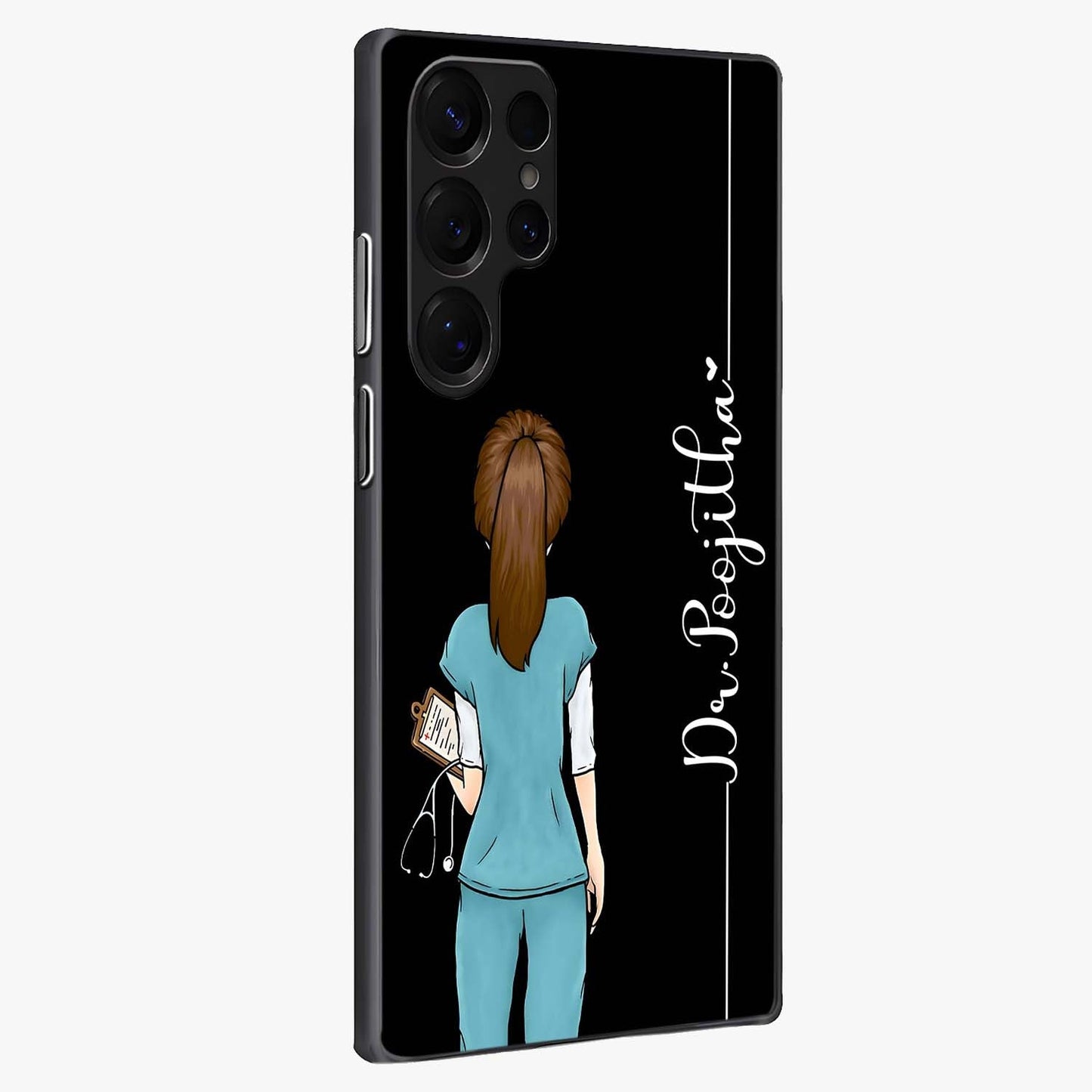 Doctor Pattern Custom Name Glass Case upright view showcasing healthcare themed design with personalized aesthetic.