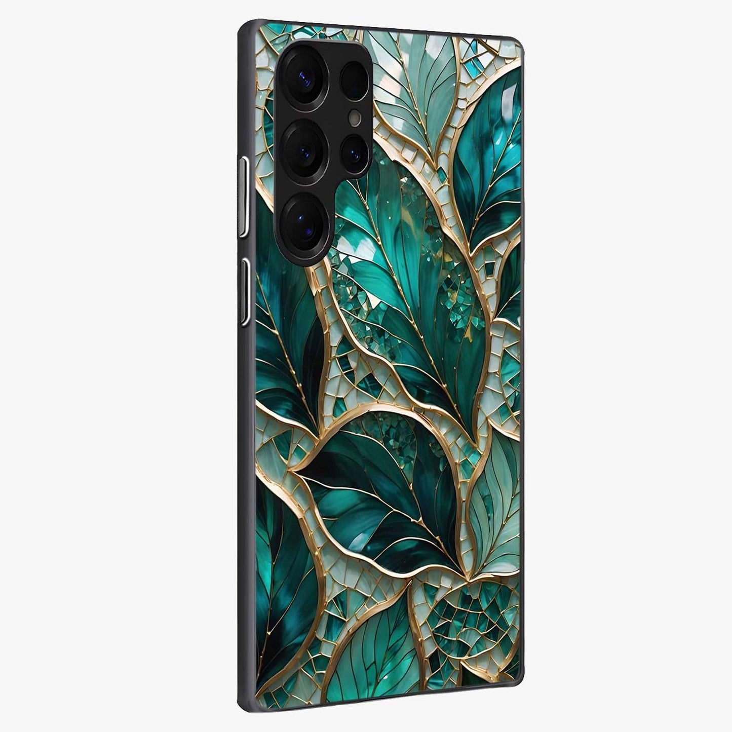 Emerald Leaf Glass Glass Case upright view showcasing fresh green leaf artwork with calming nature inspired style.