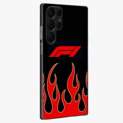 Fire F11 Glass Case upright view showcasing dynamic flame artwork with intense visual theme.