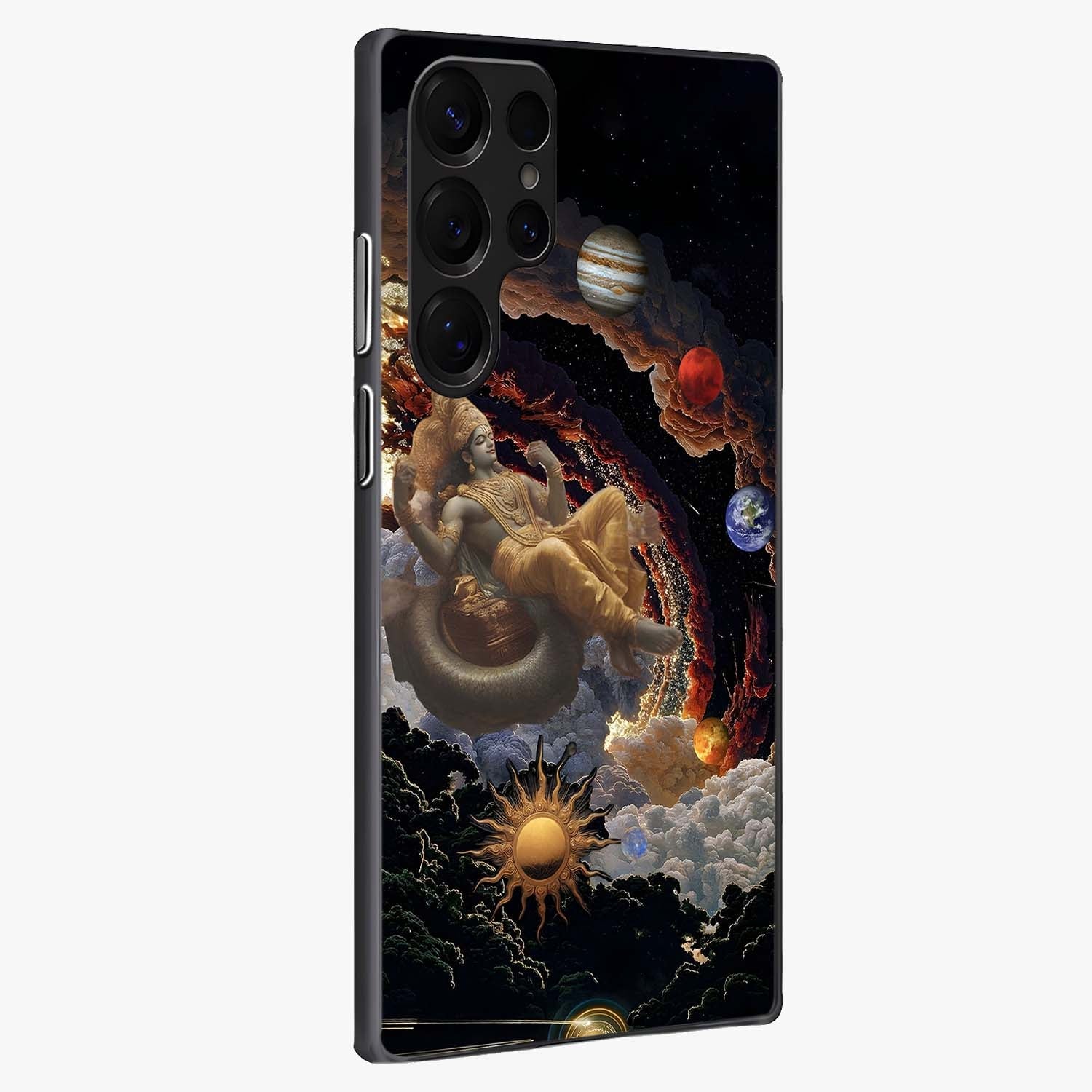 Galactic Divine God Glass Case upright view showcasing mystical divine artwork with dramatic cosmic theme.