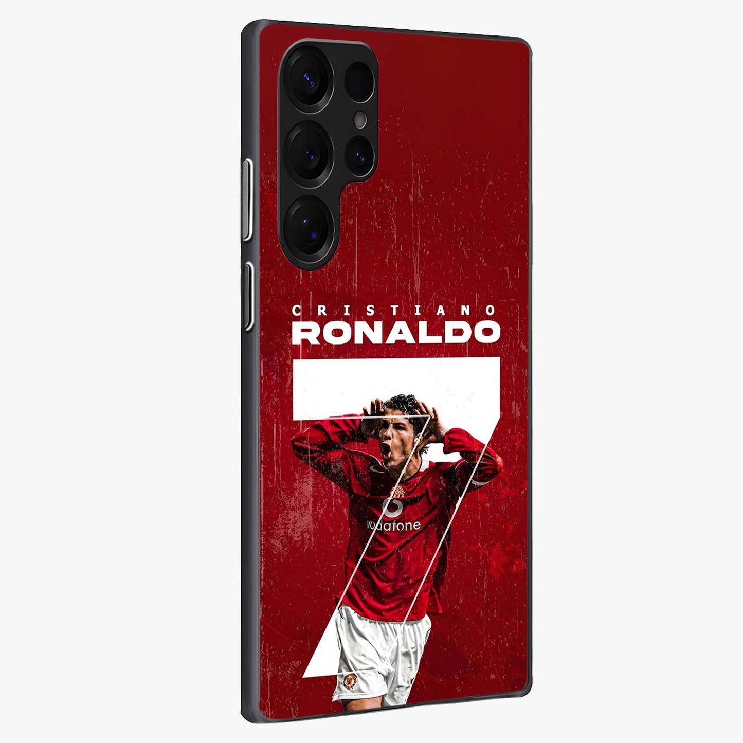 Goal Celebration Legacy Glass Case upright view showcasing dynamic football inspired artwork with victory celebration aesthetic.