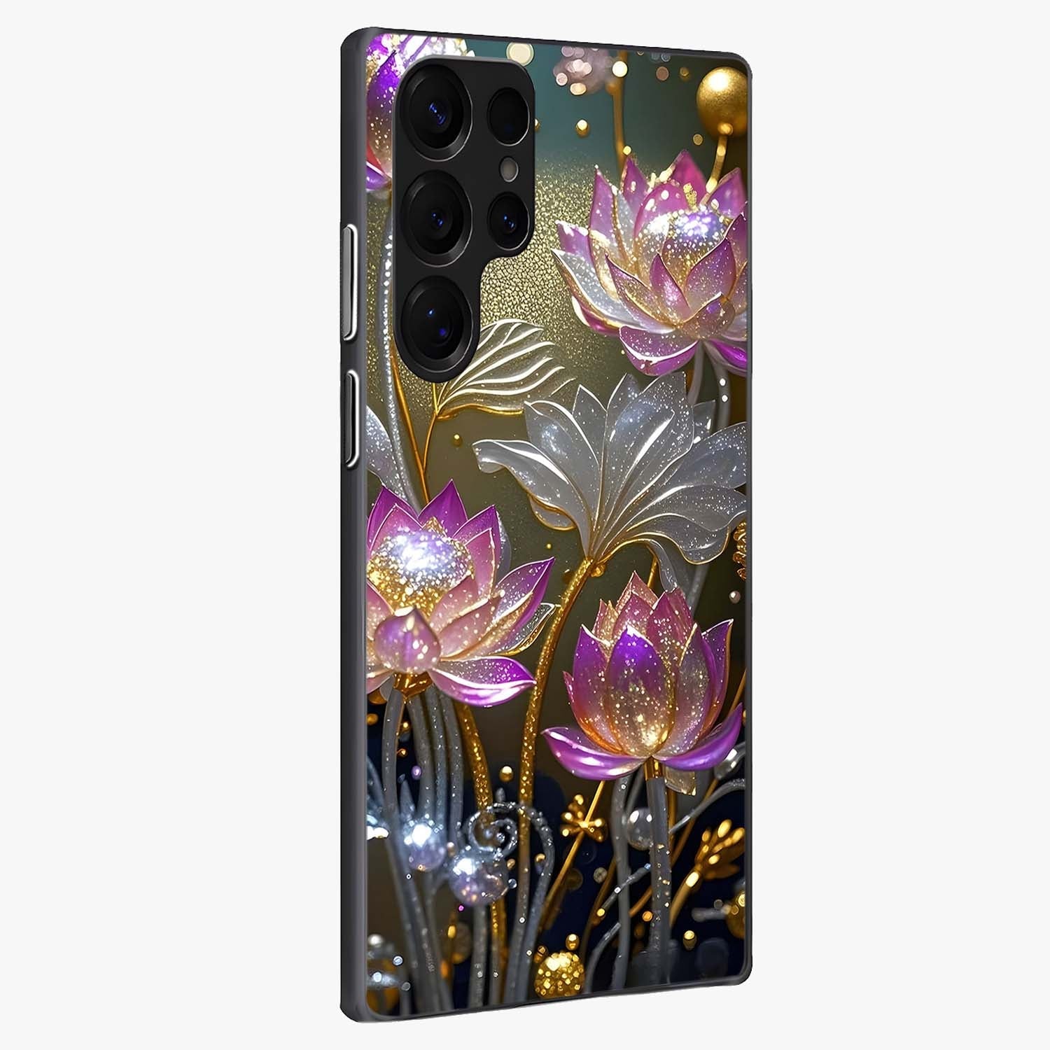 Golden Floral Majesty Glass Case upright view showcasing majestic floral artwork with rich decorative theme.