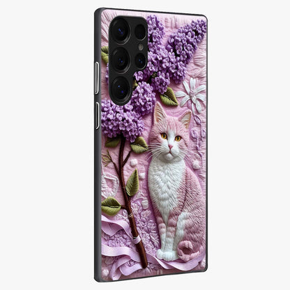 Lavender Cat Whimsy Glass Case upright view showcasing charming cat artwork with whimsical lavender theme.