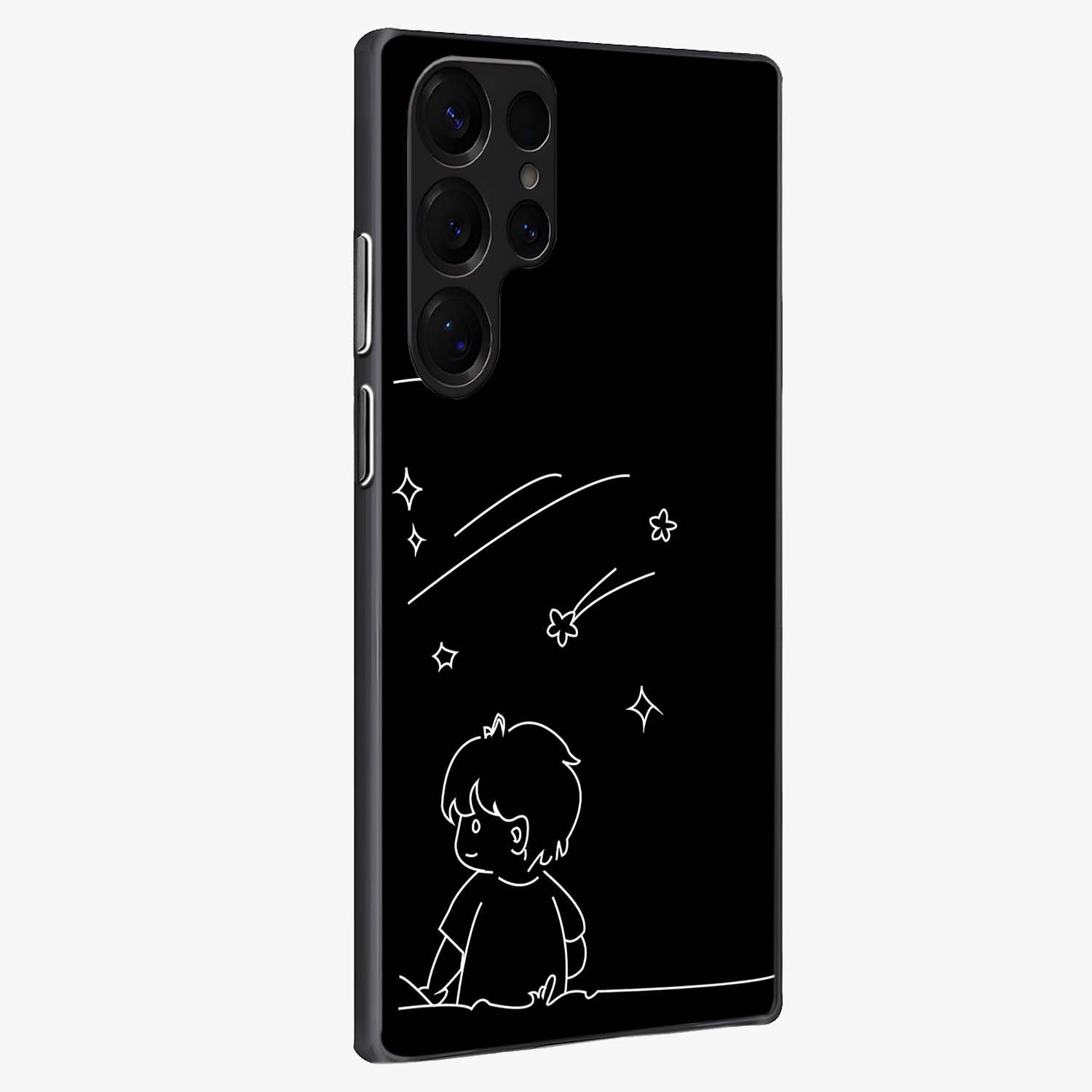 Line Art Boy With Shooting Stars Glass Case upright view showcasing artistic shooting star illustration with minimal style.