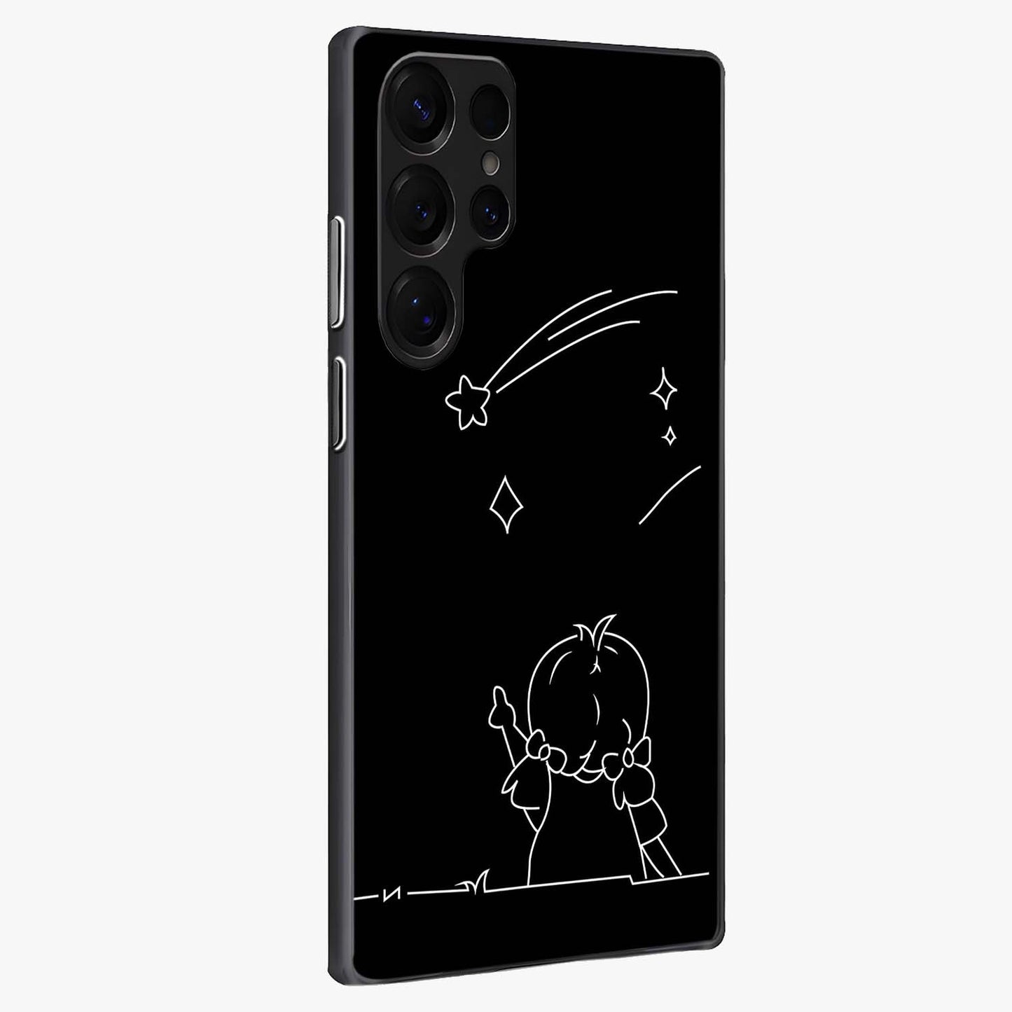 Line Art Girl With Shooting Stars Glass Case upright view showcasing delicate shooting stars artwork with minimal artistic theme.