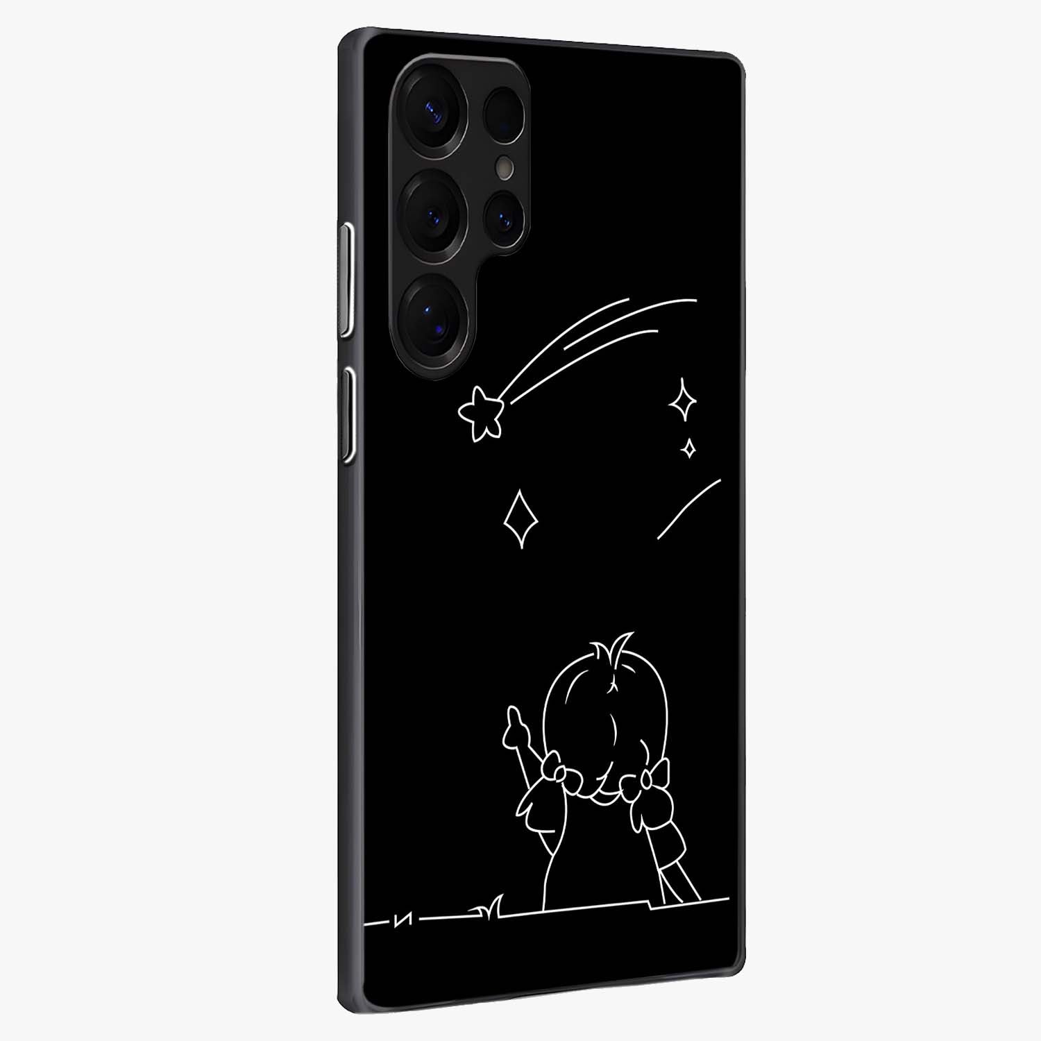 Line Art Girl With Shooting Stars Glass Case upright view showcasing delicate shooting stars artwork with minimal artistic theme.
