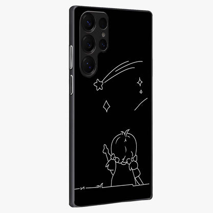 Line Art Girl With Shooting Stars Glass Case upright view showcasing delicate shooting stars artwork with minimal artistic theme.
