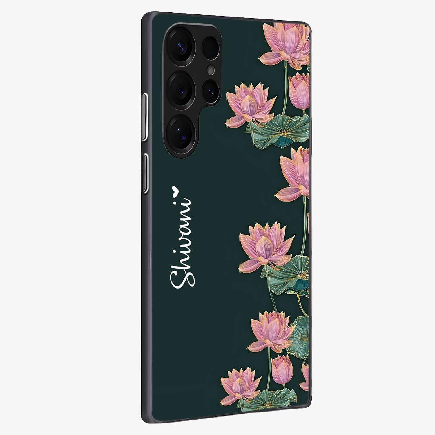 Lotus Bloom Serenity Custom Name Glass Case upright view showcasing serene lotus bloom artwork with personalized floral aesthetic.