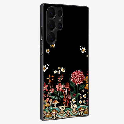 Midnight Bloom Pattern Glass Case upright view showcasing decorative floral artwork with deep night themed palette.
