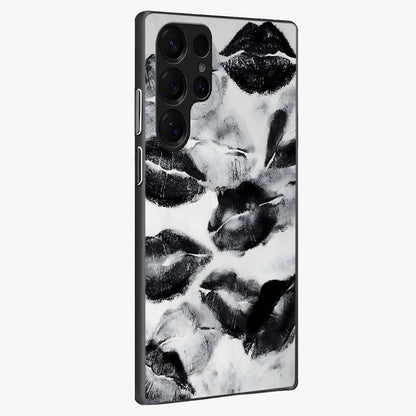 Midnight Kiss Marks Glass Case upright view showcasing stylish kiss mark artwork with trendy romantic theme.