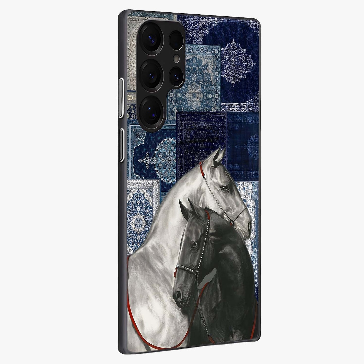 Midnight Stallion Blues Glass Case upright view showcasing dramatic horse artwork with bold artistic theme.