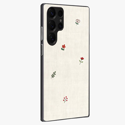 Minimalistic Blue With White Flower Pattern Glass Case upright view showcasing clean white flower artwork with calming blue theme.