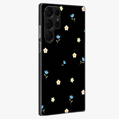 Minimal Petal Whispers Glass Case upright view showcasing elegant floral artwork with modern minimalist style.