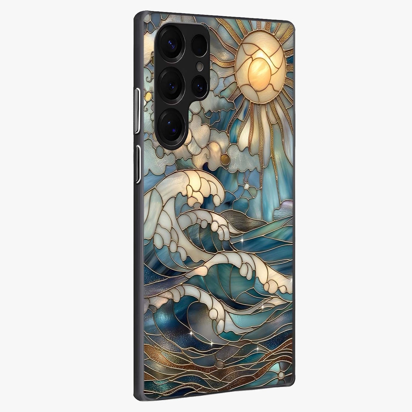 Oceanic Stained Printed Glass Case upright view showcasing decorative ocean pattern artwork with vibrant marine theme.